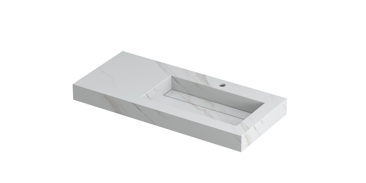 INK Pitch wast. keramische slab R m. drain + front + side skirts 1 krgt. H90xB1000xD450 Calacatta mat / 210510