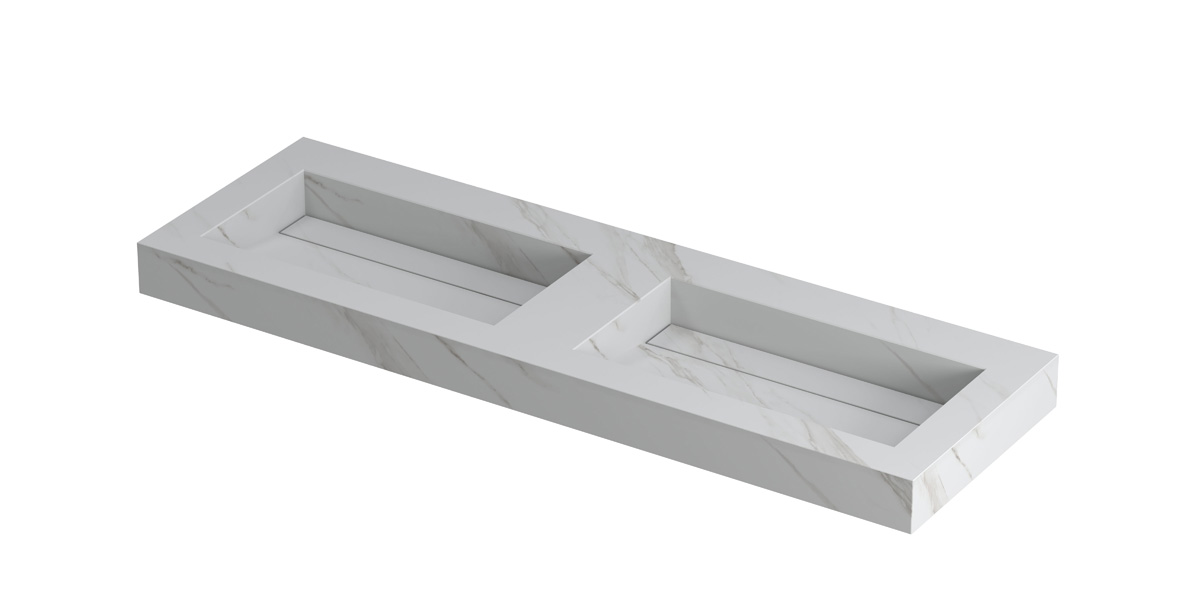 INK Pitch wast. keramische slab bak dubbel m. drain + front + side skirts zonder krgt. H90xB1400xD450 Calacatta mat / 210420