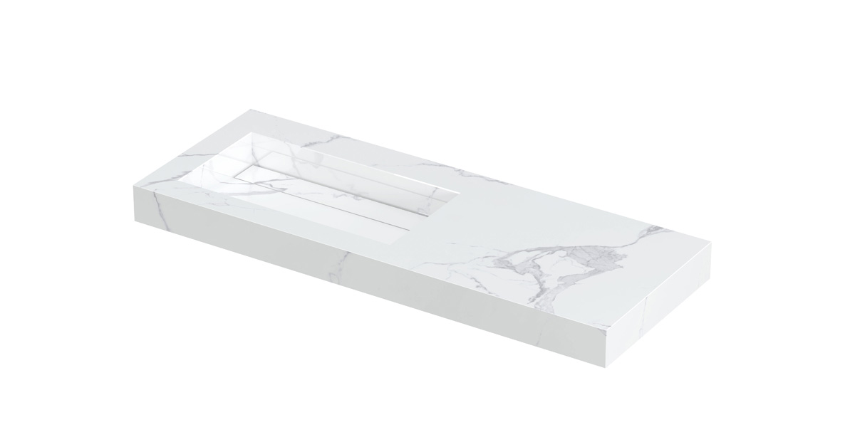 INK Pitch wast. keramische slab L m. drain + front + side skirts zonder krgt. H90xB1200xD450 Statuario glans / 210523