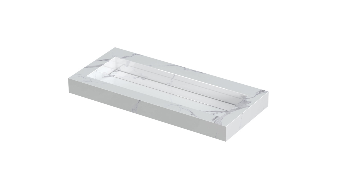 INK Pitch wast. keramische slab centraal m. drain + front + side skirts zonder krgt. H90xB1000xD450 Statuario glans / 210343